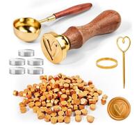 CoKeeSun 200pc Sealing Wax Beads Set - Gold Wax Seals, Octagon Stamp Set with 5 Tea Candles, Melting Spoon, Mixing Rod, Mold for Wedding, Cards, Gifts