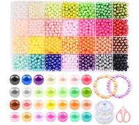 CoKeeSun 2100PCS Pearl Beads for Jewellery Making, 28 Colors Round Pearl Beads with Holes, 6mm Coloured Pearls for Crafting Kit with Elastic String, Scissors for Bracelet, Necklaces, DIY