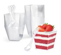 CoKeeSun 30 Pcs Dessert Cups with Spoons 115ml/4oz Square Dessert Cups Set Reusable Plastic Dessert Pots for Dessert Pudding Mousse Ice Cream Cheesecake