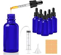 CoKeeSun 30ml Glass Dropper Bottle, 5 Pcs Blue Dropper Bottles with Pipettes, Reusable Glass Bottle Set with Funnel Needle Syringe Catheter Stickers for Hair Oil perfumes Cosmetics Storage