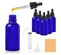 CoKeeSun 50ml Glass Dropper Bottle, 5 Pcs Blue Dropper Bottles with Pipettes, Reusable Glass Bottle Set with Funnel Needle Syringe Catheter Stickers for Hair Oil perfumes Cosmetics Storage