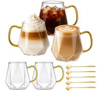 CoKeeSun Glass Coffee Mugs 320ml, Set of 5, Latte Glasses with Handle,Spoon | Clear Coffee Cups with Diamond-Shaped, for Cappuccino, Espresso, Latte, Tea, Milk, Juice, Beer, Hot or Cold Beverages