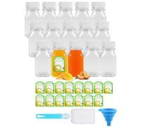 CoKeeSun Juice Bottles 15 Pack,Shot Bottles with Lids 120ml/4oz,Reusable Plastic Juice Shot Bottle,Drink Containers with Funnel,Brushes and Stickers,for Smoothie,Milk and Beverages on the Go,White Lid