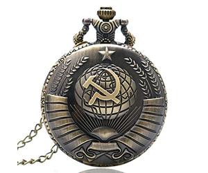 CokinkiDs Soviet Sickle Hammer Style Vintage Style Quartz Pocket Watch Necklace Bronze Pendant Pocket Watch with Chain for Men Xmas Gift - 1.8" Dial