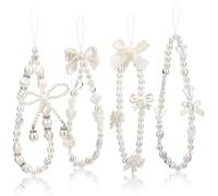 Cokoozoo 4PCS Phone Charms, Beaded Phone Charm Strap with White Pearls, Elegant PhoneWrist Strap, Durable Mobile PhoneCharms, Anti-Lost PhoneBracelet Strap forPhone, for Girls Ladies Women