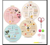 Cokoozoo Embroidery Kit - 4 Pcs Cross Stitch Kits for Adults, Embroidery Kits for Adults, Including Cloth with Floral Patterns, Colored Threads, Needles, Hoops and Instructions