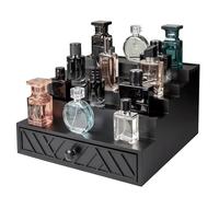 Cokritsm 5-Tier Wooden Cologne Organizer with Hidden Drawer & Soft Velvet Lined Interior - Perfume Storage Box for Bedroom & Bathroom Vanity, Cologne Display Stand with Ornamental Pattern Black