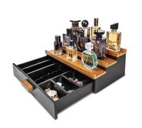 Cokritsm Wooden Cololgne Stand Cologne Organizer for Men Women,3 Tier Cologne Display Stand with Drawer Storage Organizer Tray for Bedroom, Perfume Stand Organiser (Orange&Black)