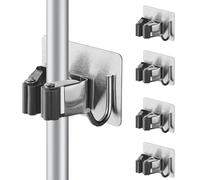 Cokshy Mop Broom Holder, 4 Pcs Stainless Steel Broom Holder Self Adhesive with Hook, Square Heavy Duty Garden Tool Organizer Rack Wall Mount for Kitchen Bathroom Closet Garden Garage - Grey