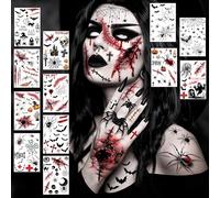 COKTAK 12 Sheets Horrible Halloween Temporary Tattoos Bloody Scar Stitch Wound Tattoo Sticker, Realistic Scary Skull Ghost 3D Bats Spider Fake Tattoos Halloween Costume Body Face Makeup Accessories
