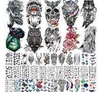 COKTAK 46 Sheets Large Skull Maori Warrior Temporary Tattoos For Men, Realistic Tiger Owl Flower Temporary Tattoos For Women, Tiny Kids Tattoos Temporary, Tribal Armband Arm Neck Face Tatoos Stickers