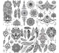 COKTAK 6 Pieces/Lot Unique Black Temporary Tattoo Stickers For Adults Women Girls Feather Mandala Flower Body Art Large Big Arm Tattoos Sheet Lace Indian Bride Sexy Wedding Tatoos OWL
