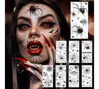 COKTAK 8 Sheets Large 3D Spider Web Temporary Tattoos Halloween Makeup Kit For Women Adults Realistic Witch Bat Zombie Fake Face Tattoos Sticker For Kids Men Adults Scary Halloween Decals Spiderweb