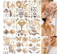 COKTAK 9 Sheets 88+ Designs Large Gold Metallic Temporary Tattoos For Women Girls Adults, Tribal Bohemia 3D Flash Fake Golden Tattoo Stickers Eleplant, Realistic Glitter Snake Tattoos Moon Lotus