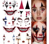COKTAK 9 Sheets Evil Clown Face Temporary Tattoos Scary Bloody Mouth Tattoos Halloween Face Makeup Sticker, Realistic Fangs Bucktooth Fake Tattoos For Adult Halloween Costume Rave Party Favor Supplies