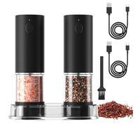 COKUNST Electric Pepper and Salt Grinder Set, USB Rechargeable Adjustable 5 Levels of Coarseness Black Pepper Mills with Stand, Automatic Grinder with LED Light for BBQ Resturant Kitchen