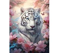 COKYIS DIY Beaded Embroidery Kit - White Tiger and Flowers Needlepoint Tapestry, Animal Stitching Needlecraft, Cross Stitch Kit 40x50cm
