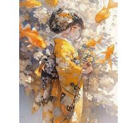 COKYIS Stamped Cross Stitch Kits Kimono Girl and Goldfish 11CT Counted Printed Cross Stitch Kit,Preprinted Pattern Embroidery Starter Kit for Beginner Kids and Adults 40x50cm