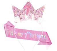 COLANANA 7th Birthday Decorations, Headband and 7 Year Old Glitter Sash Decoration for Girls,Flower Princess Headband for Birthday Girl Outfit