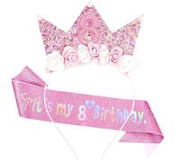 COLANANA 8th Birthday Decorations, Headband and 8 Year Old Glitter Sash Decoration for Girls,Flower Princess Headband for Birthday Girl Outfit