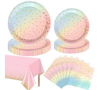 COLANANA Party Supplies,Party Tableware Set,Rainbow Dots Birthday Decorations Contain Plates Tablecloth Napkins for Baby Shower Birthday Wedding Partys Anniversary(16 Guests)