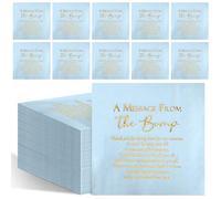 Colarr 100 Pcs Small Baby Shower Napkins 3 Ply 5 x 5 Inch Cocktail Napkins a Message from The Bump Disposable Gender Reveal Supplies with Gold Foil for Baby Welcome Party(Blue)