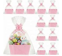 Colarr 12 Pack Baskets for Gifts Empty Bulk Kraft Empty Gift Basket Kit with Handle Wrap Bag Bow DIY Cardboard Market Tray to Fill for Valentine's Wedding Easter Party, 9.8" x 6.5" x 4.3"(Pink)