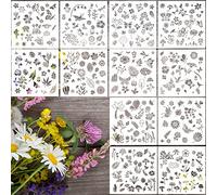 Colarr 12 Set 288 Pcs Flower Stencils for Painting on Wood DIY Craft Painting, Small Reusable Plants Flower Templates Stencils for Paper Scrapbooking Wall Home Drawing Art Decor, 9.84 x 9.84 Inches