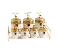Colcolo Ceramic Storage Jars Canister Set Jars Containers Canisters With Lids Coordinated Set With Deer Pulls Ribbed Finish And Label Fronts On Stand Ceramic