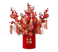 Colcolo Chinese New Year Artificial Potted Plant, Lunar New Year Decor Red Flocked Branches & Silk Flowers Spring Festival Bonsai, Desktop Centerpiece for Home Office Wedding Decoration