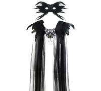 Colcolo Halloween Costume Cape Feather Visor Shoulder Cape Gothic Accessory Lace Center Panel Chain Details Translucent Sides, One Size, Set C Feather Mask Without Horns + Cape