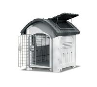 Colcolo Outdoor Shelter Dog House Kennel Crate With Door Solid PP And Iron Materials Slanted Roof Raised Bottom Venting Channels, size to 6, Upgraded - Gray With Window And Door
