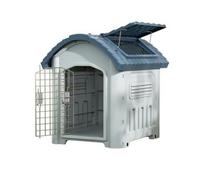 Colcolo Outdoor Shelter Dog House Kennel Crate With Door Solid PP And Iron Materials Slanted Roof Raised Bottom Venting Channels, size to 1, Upgraded - Blue-Gray With Window And Door