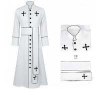 Colcolo Priest Robe Long Sleeve Cassock Button Down Stand Collar Cleric Uniform Cross Print Belt Polyester Material Suitable for Men Women Halloween Party Stage Performance, White, M
