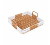 Colcolo Square Serving Tray Wicker Basket Handwoven Organizer With Side Handles Imitation Rattan PP And Iron For And Suitable for kitchen island patio dining, Medium 26x26x4.5cm