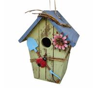 Colcolo Wooden Birdhouse Rustic Bird House Feeder Ornament With Solid Wood Handcrafted Look And Iron Hook Point Suitable for backyard observing porch hanging, Slanted Blue Roof