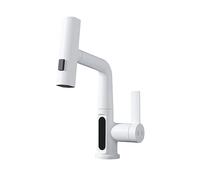 Cold and Hot Water Tap Waterfall Effluent Intelligent Digital Display Pull The Faucet Rotatable Lifting Faucet Washbasin Faucet(White)