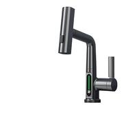 Cold and Hot Water Tap Waterfall Effluent Intelligent Digital Display Pull The Faucet Rotatable Lifting Faucet Washbasin Faucet(Gris)