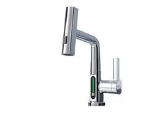 Cold and Hot Water Tap Waterfall Effluent Intelligent Digital Display Pull The Faucet Rotatable Lifting Faucet Washbasin Faucet(Silver)