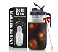 Cold Brew Mason Coffee Maker - 64oz Iced Coffee Pitcher with Stainless Steel Mixing Spoon & Super Dense Filter 3 Steps Finish Cold Brew Coffee, Classic BPA Free Sturdy Mason jar Pitcher Easy to Clean