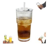 Cold Drink Cup Juice Coffee Cup with Lid and Straw Vertical Stripe Large Capacity Glass Cup Water Cup
