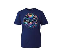 Cold-Plays Band Graphic Galaxy Planets Print White Cotton T-Shirt - Colorful Space Theme Casual Tee Top for Unsex (Navy, 2XL Years)