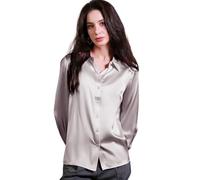 COLD POSH Women's 100% Pure Silk Blouses Long Sleeve Bow-tie Neck Blouse Summer Fall Elegant Button Down Shirts Luxury Gifts, Gray, M