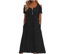 Cold Shoulder Dresses for Women V Neck Summer Midi Dress with Pocket Short Sleeve Button up Long Dress Ladies Beach Loose Solid Color Casual Dresses Ladies Loose Swing Eyelet Dress UK Black