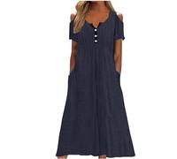 Cold Shoulder Dresses for Women V Neck Summer Midi Dress with Pocket Short Sleeve Button up Long Dress Ladies Beach Loose Solid Color Casual Dresses Ladies Loose Swing Eyelet Dress UK Navy