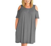 Cold Shoulder Maxi Dresses for Women UK, Short Sleeve Round Neck Sundresses Above The Knee Comfortable Loose Waist Sundress Solid Color Dress T-Shirt Swing Dress with Pockets Roomy Fitting Wear Grey