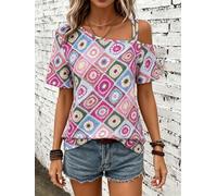 Cold Shoulder Tops for Women, Floral One Shoulder Short Sleeve Tee | Soft stretchy, flattering asymmetric neck, vintage boho tropical print, loose relaxed hip length, lightweight summer