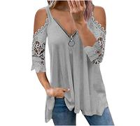 Cold Shoulder Tops for Women Sale Clearance UK Elegant Sexy Dressy Top Lace Summer Half Zip T-Shirt V-Neck 3/4 Sleeve Tee Shirts Cute Vintage Plain Boho Going Out Blouse Elegant Tunic Top