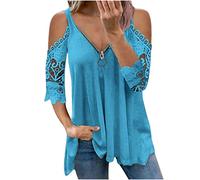 Cold Shoulder Tops for Women Sale Clearance UK Elegant Sexy Dressy Top Lace Summer Half Zip T-Shirt V-Neck 3/4 Sleeve Tee Shirts Cute Vintage Plain Boho Going Out Blouse Elegant Tunic Top
