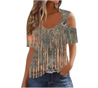 Cold Shoulder Tops for Women UK Clearance,Ladies Short Sleeve Crew Neck Off Shoulder Cutout T-Shirts Vintage Floral Printed Elegant Tunic Tops Summer Casual Loose Comfort Tees S-3XL Today's Deals